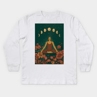 Meditation Flower Girl Moon phases Kids Long Sleeve T-Shirt